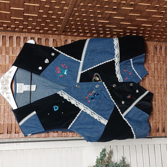 Vintage Denim and Velvet Vest Academia Alt Cottagecore - Picture 9 of 13